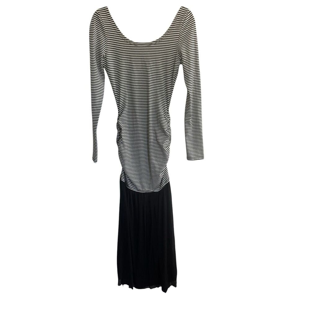 HOMAGE From Los Angeles Medium MAXI Dress Black White Stripe Ruched Sides #3900